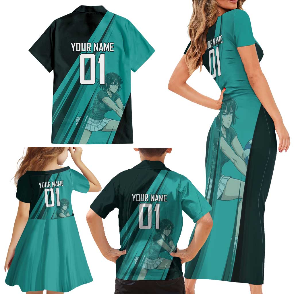 Personalized Fubuki Volleyball Design Family Matching Short Sleeve Bodycon Dress and Hawaiian Shirt with Teal Athletic Theme and Dynamic Action Pose