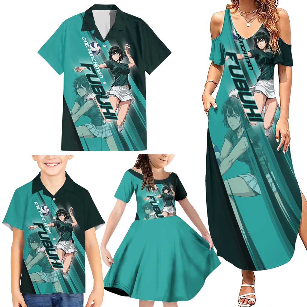 Personalized Fubuki Volleyball Design Family Matching Summer Maxi Dress and Hawaiian Shirt with Teal Athletic Theme and Dynamic Action Pose