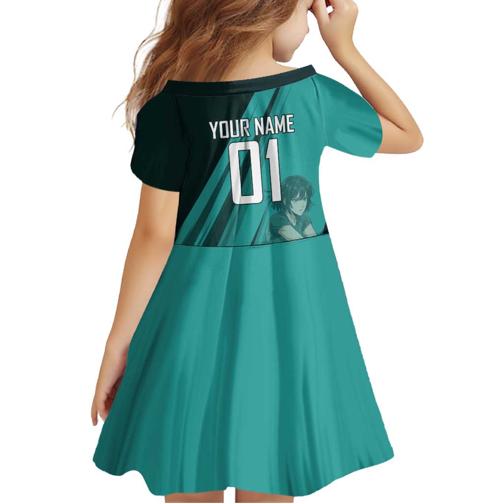 Personalized Fubuki Volleyball Design Family Matching Summer Maxi Dress and Hawaiian Shirt with Teal Athletic Theme and Dynamic Action Pose