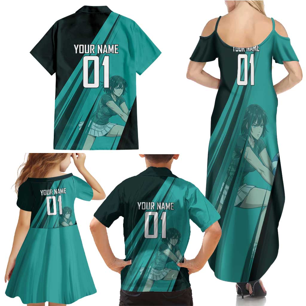 Personalized Fubuki Volleyball Design Family Matching Summer Maxi Dress and Hawaiian Shirt with Teal Athletic Theme and Dynamic Action Pose