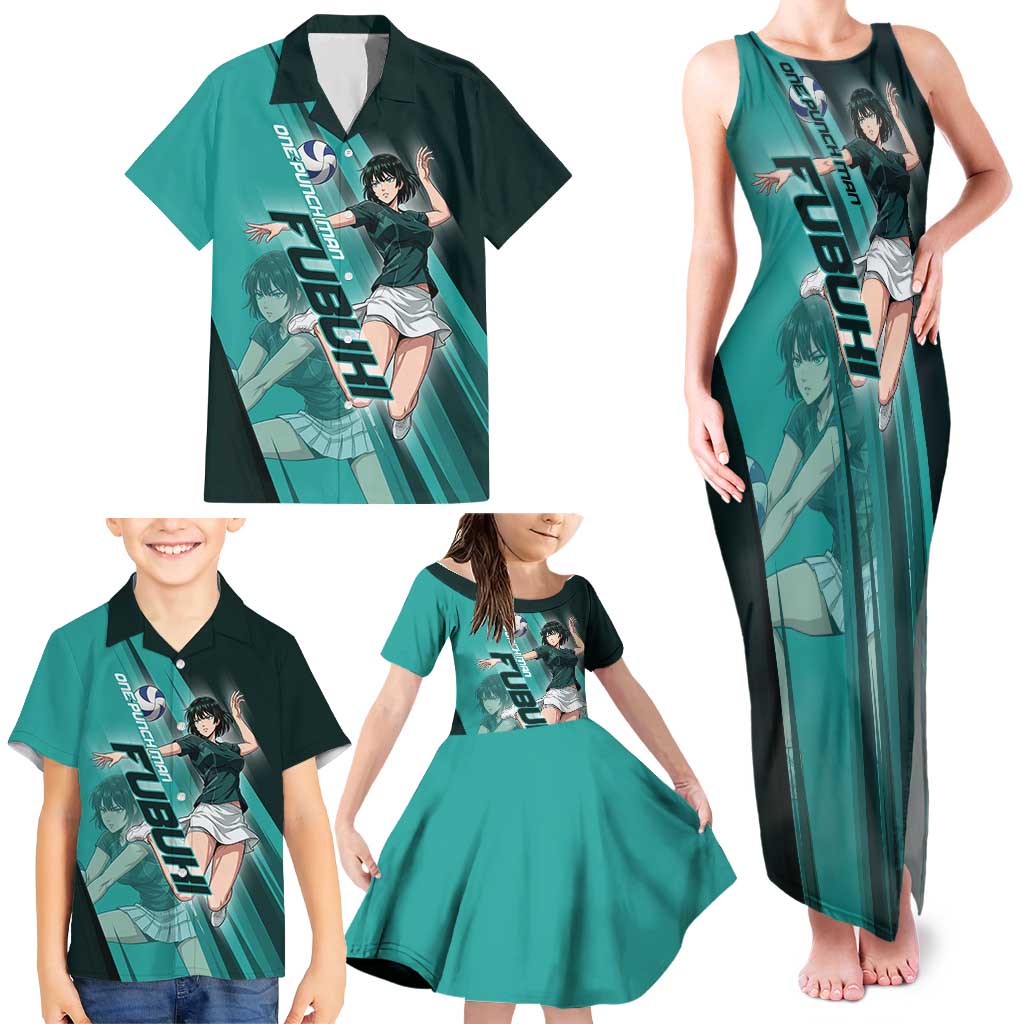 Personalized Fubuki Volleyball Design Family Matching Tank Maxi Dress and Hawaiian Shirt with Teal Athletic Theme and Dynamic Action Pose
