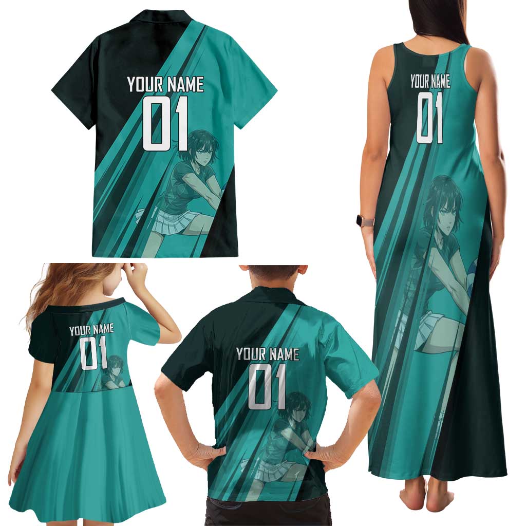 Personalized Fubuki Volleyball Design Family Matching Tank Maxi Dress and Hawaiian Shirt with Teal Athletic Theme and Dynamic Action Pose
