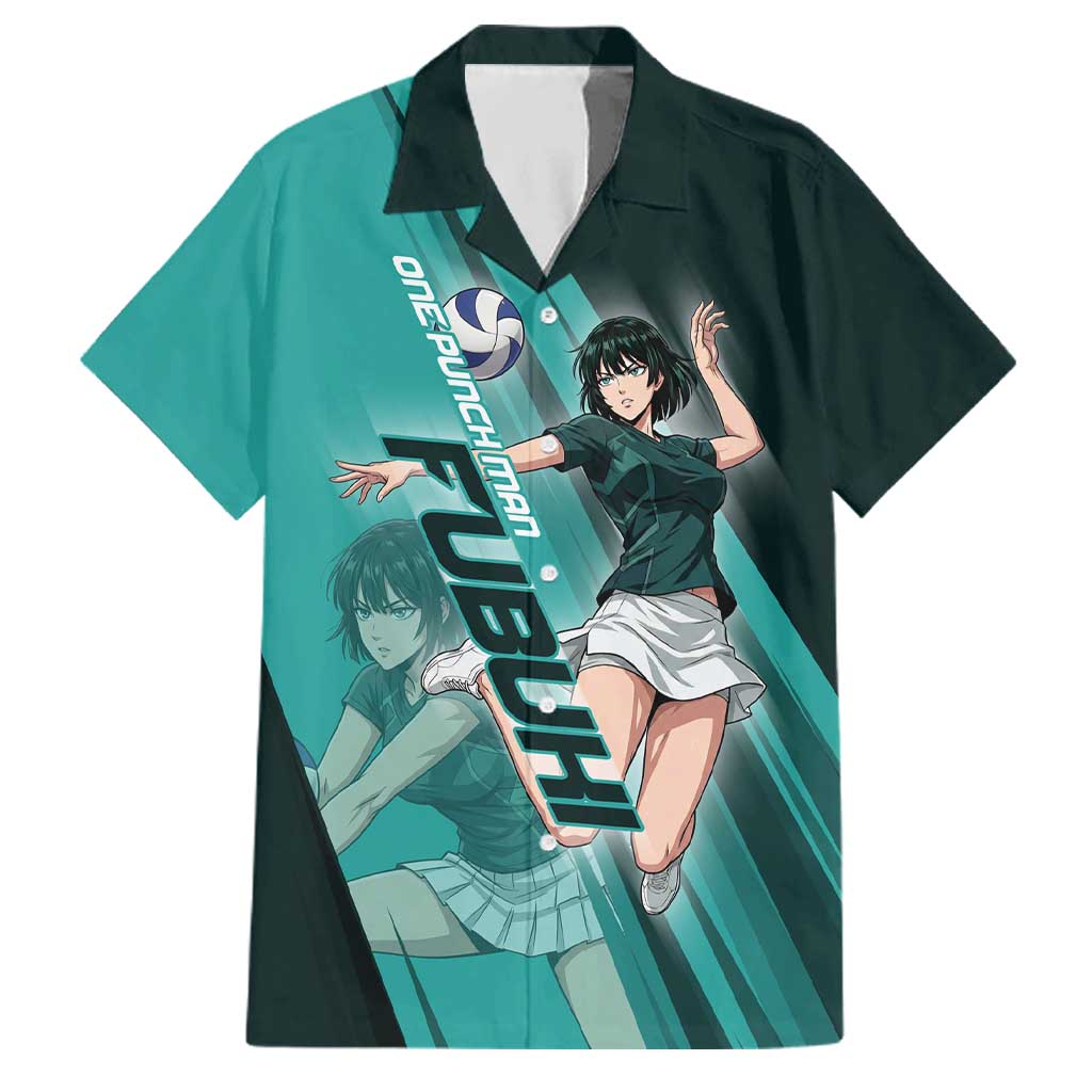 Personalized Fubuki Volleyball Design Family Matching Tank Maxi Dress and Hawaiian Shirt with Teal Athletic Theme and Dynamic Action Pose