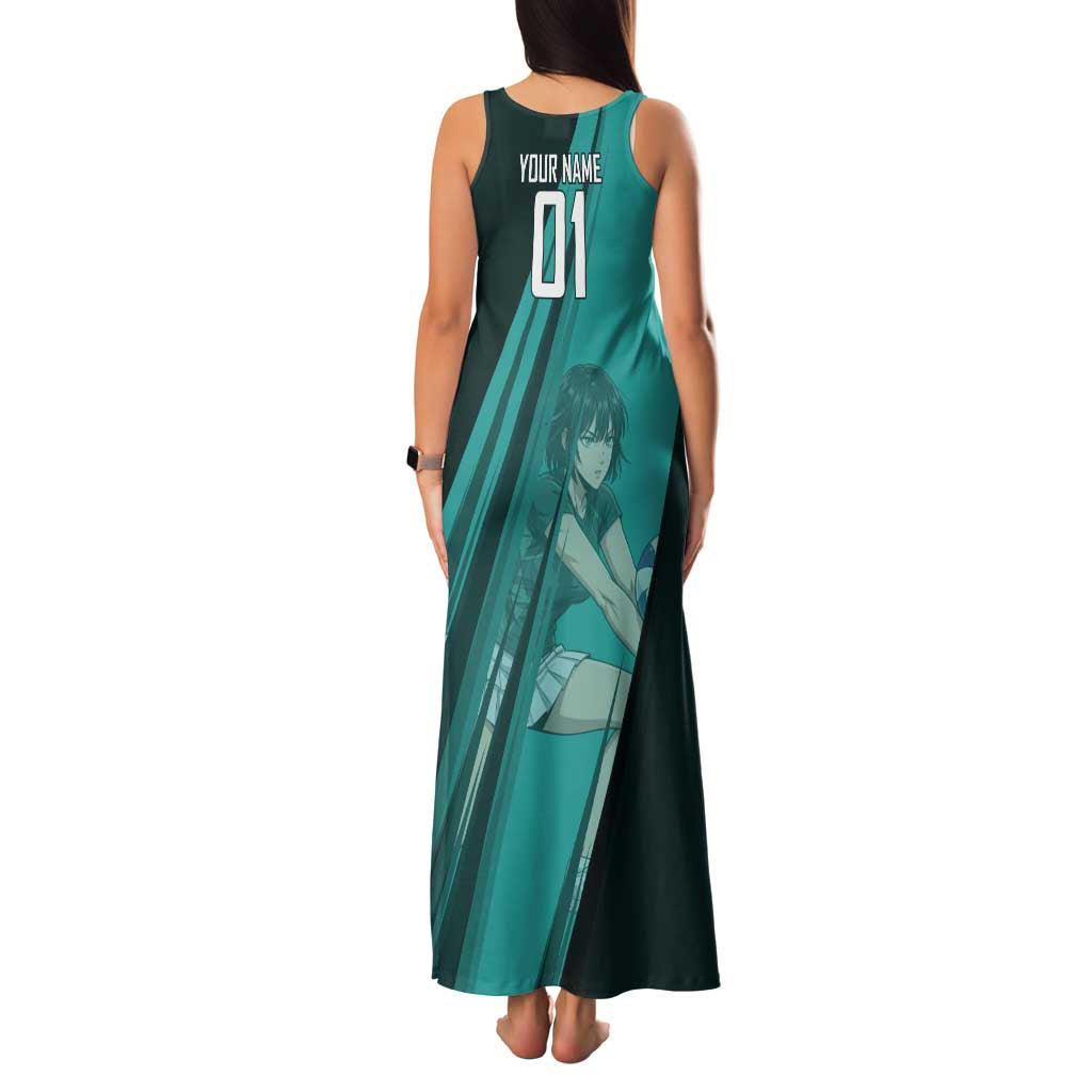 Personalized Fubuki Volleyball Design Family Matching Tank Maxi Dress and Hawaiian Shirt with Teal Athletic Theme and Dynamic Action Pose
