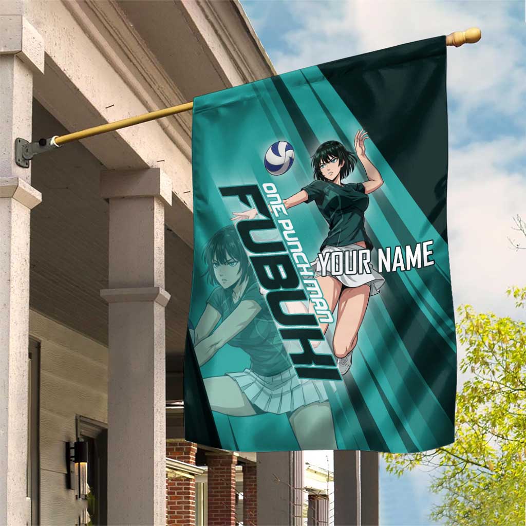 Personalized Fubuki Volleyball Design Garden Flag with Teal Athletic Theme and Dynamic Action Pose