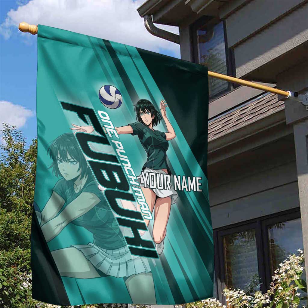 Personalized Fubuki Volleyball Design Garden Flag with Teal Athletic Theme and Dynamic Action Pose