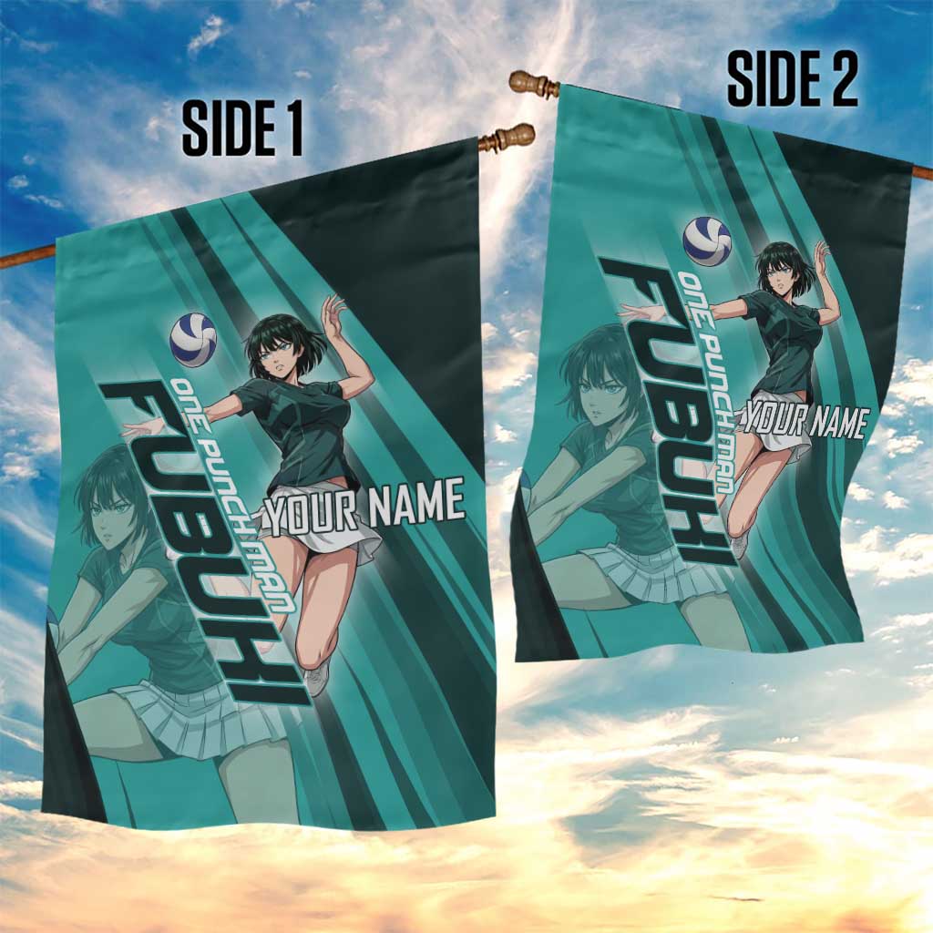 Personalized Fubuki Volleyball Design Garden Flag with Teal Athletic Theme and Dynamic Action Pose