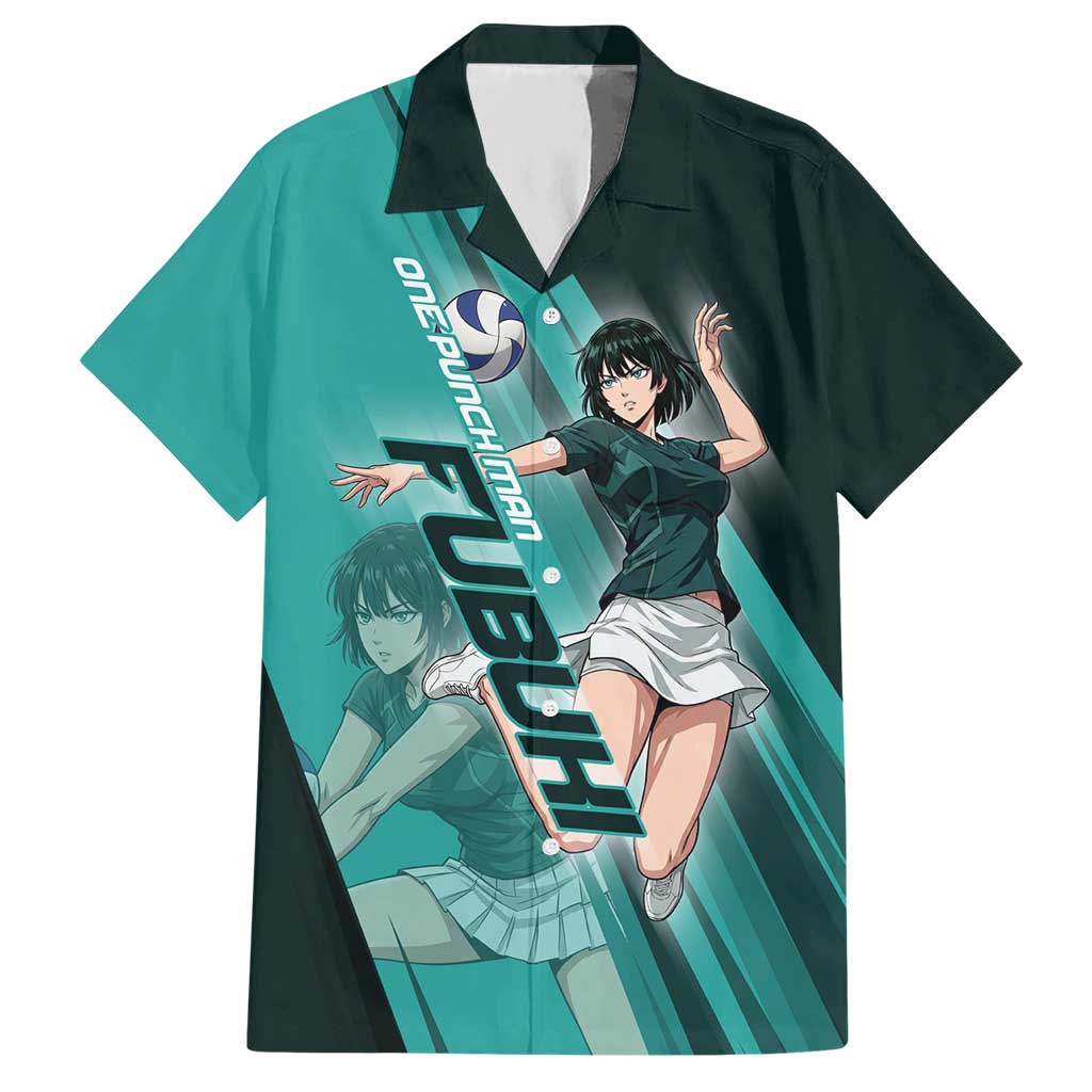Personalized Fubuki Volleyball Design Hawaiian Shirt with Teal Athletic Theme and Dynamic Action Pose