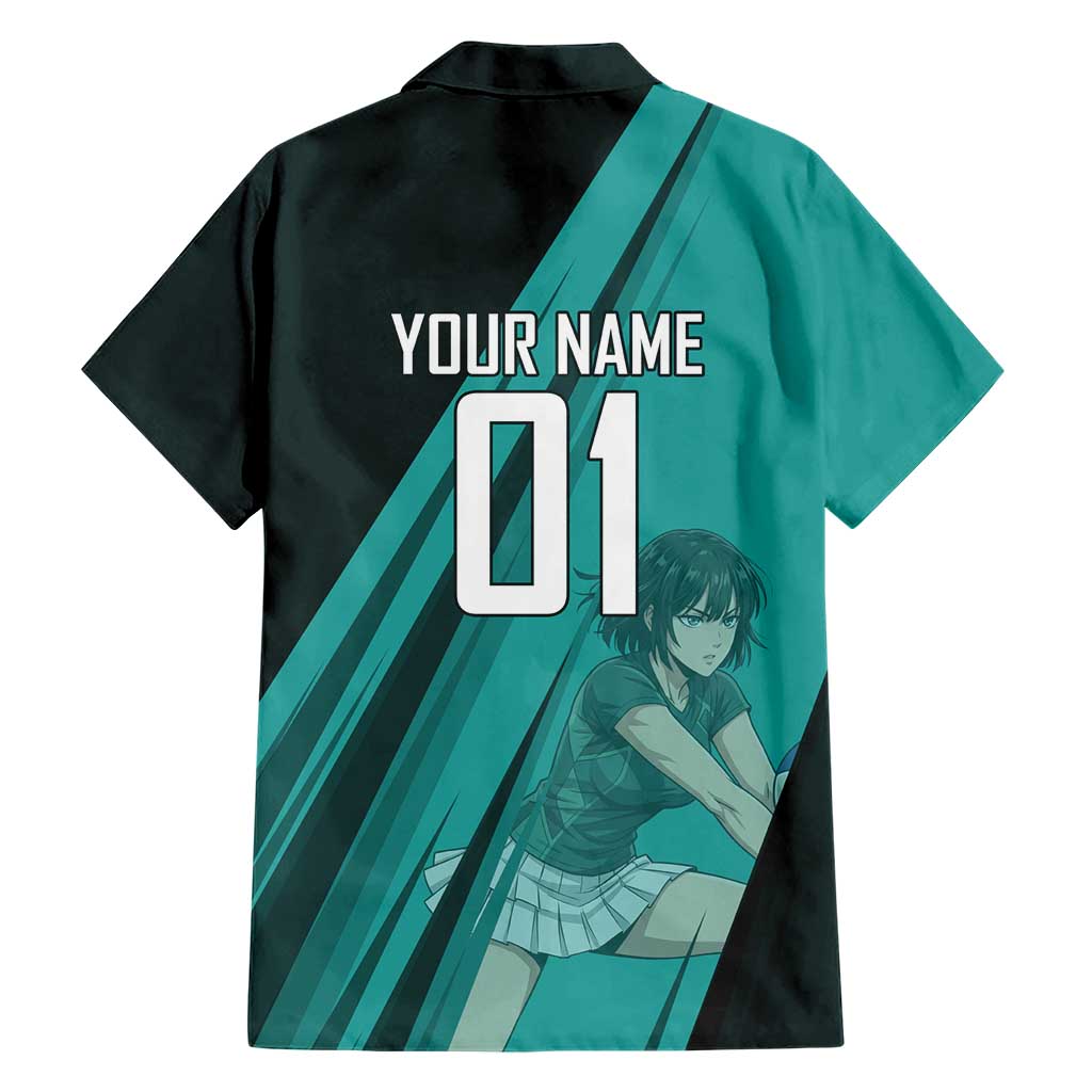 Personalized Fubuki Volleyball Design Hawaiian Shirt with Teal Athletic Theme and Dynamic Action Pose