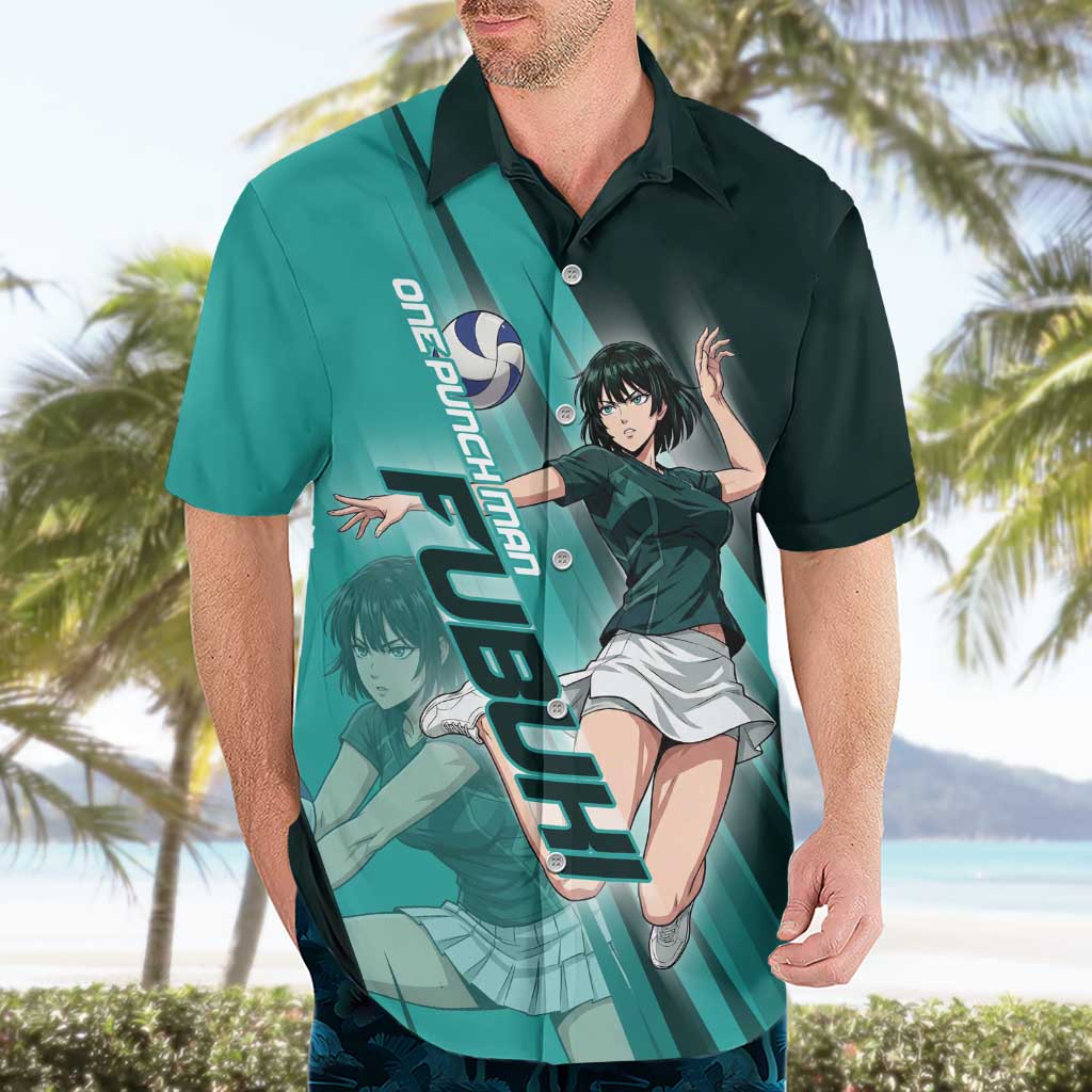 Personalized Fubuki Volleyball Design Hawaiian Shirt with Teal Athletic Theme and Dynamic Action Pose