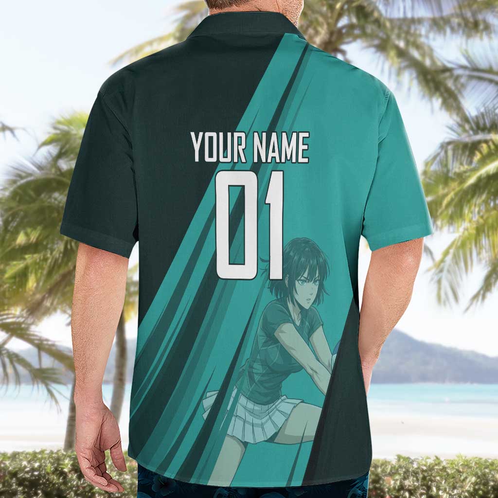 Personalized Fubuki Volleyball Design Hawaiian Shirt with Teal Athletic Theme and Dynamic Action Pose