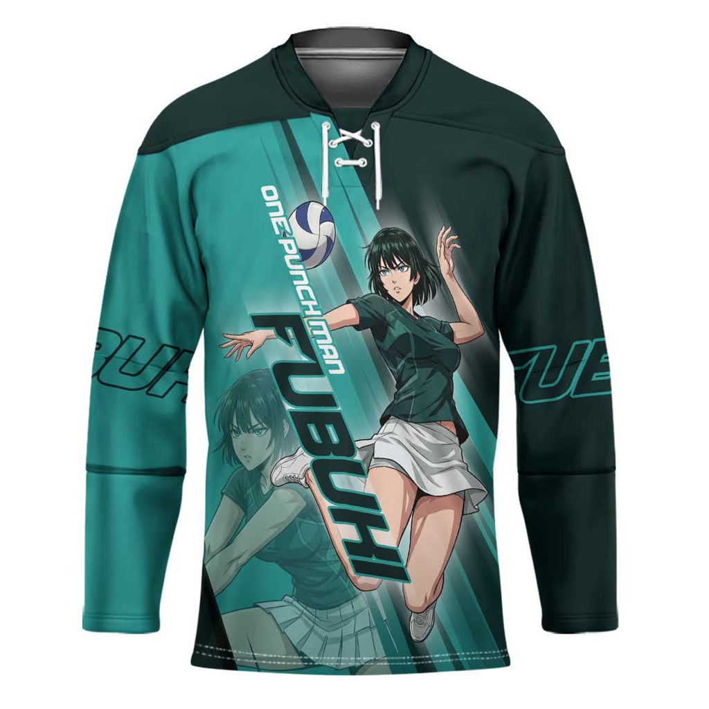 Personalized Fubuki Volleyball Design Hockey Jersey with Teal Athletic Theme and Dynamic Action Pose