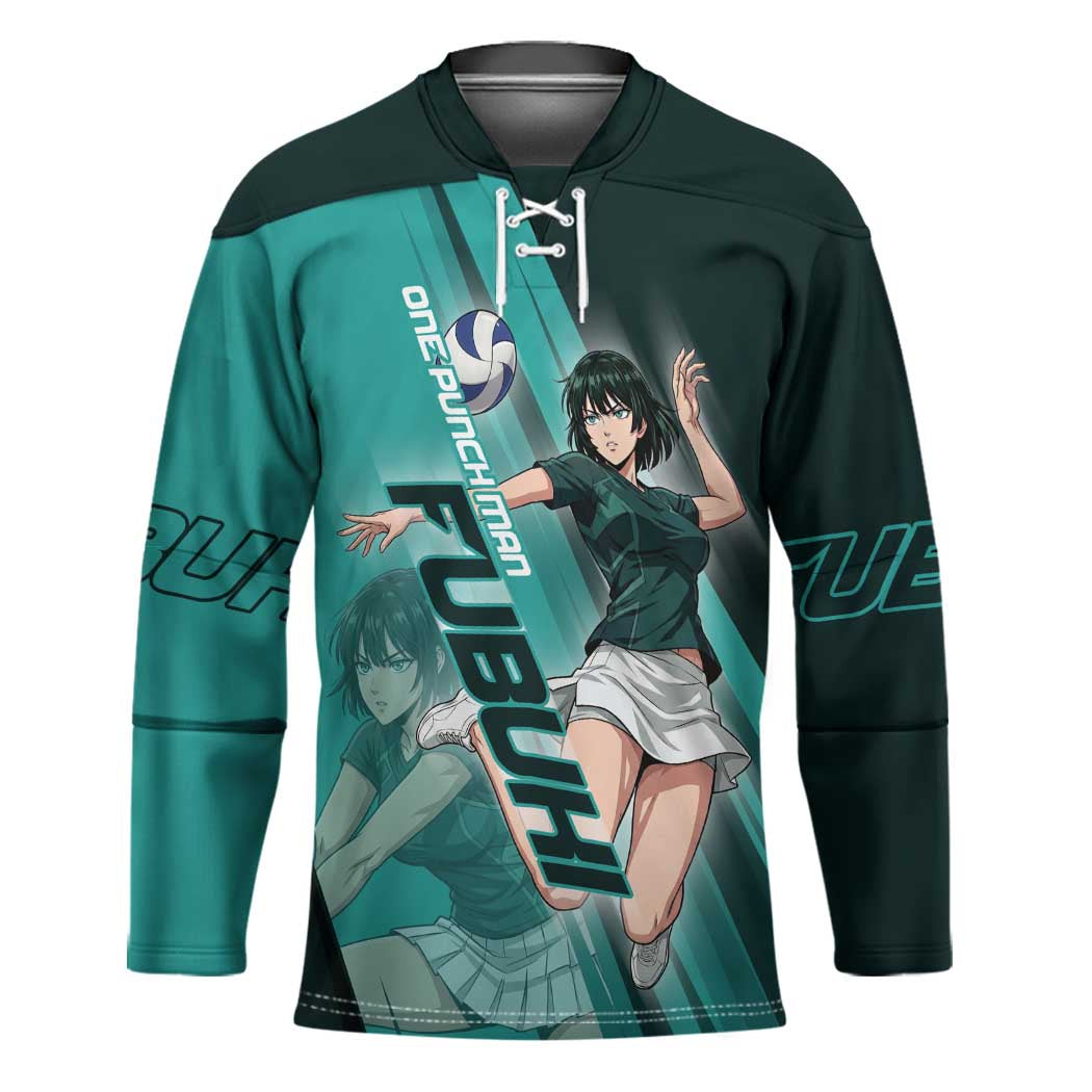 Personalized Fubuki Volleyball Design Hockey Jersey with Teal Athletic Theme and Dynamic Action Pose