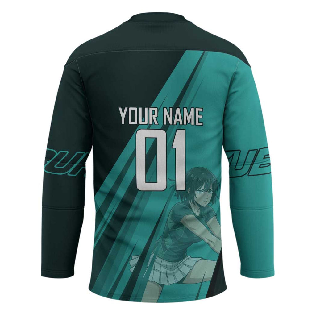 Personalized Fubuki Volleyball Design Hockey Jersey with Teal Athletic Theme and Dynamic Action Pose