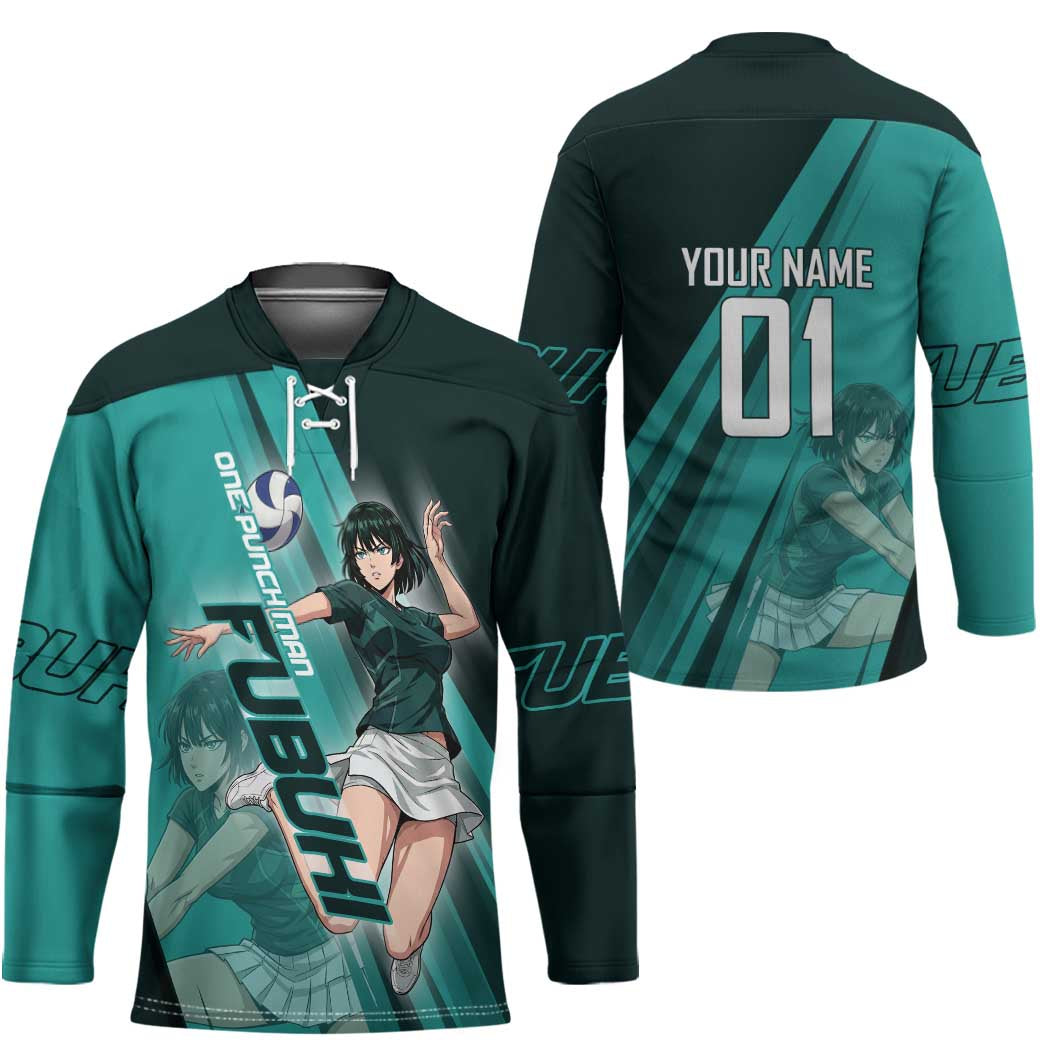 Personalized Fubuki Volleyball Design Hockey Jersey with Teal Athletic Theme and Dynamic Action Pose