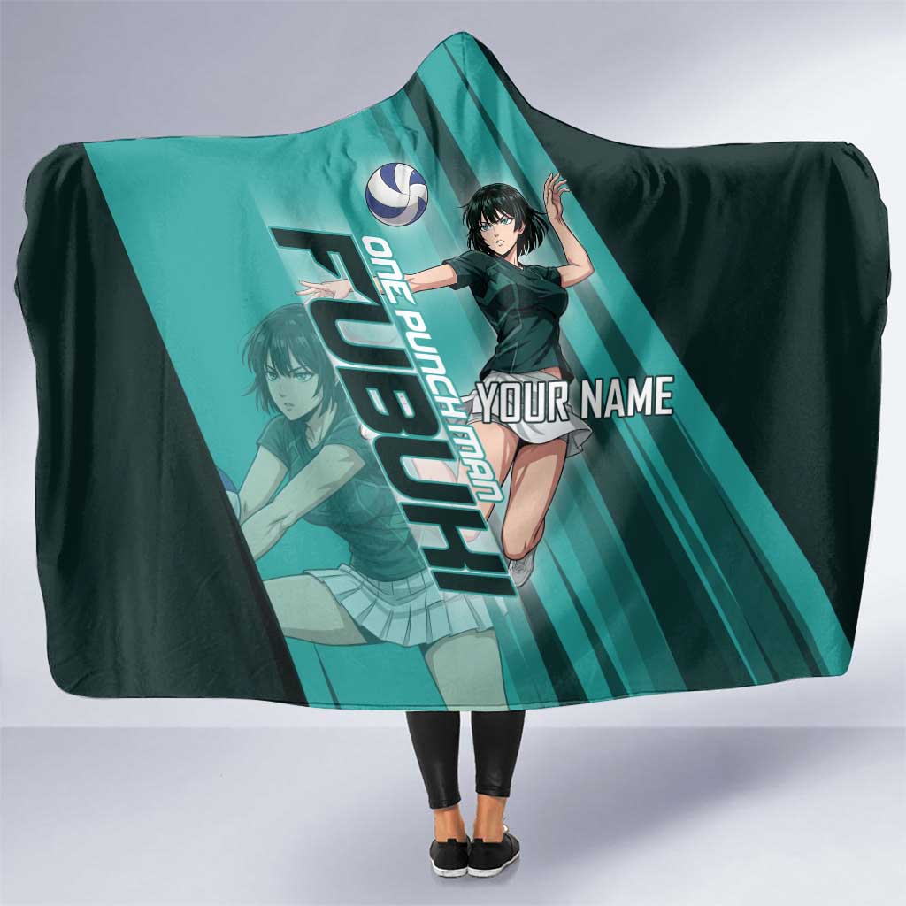 Personalized Fubuki Volleyball Design Hooded Blanket with Teal Athletic Theme and Dynamic Action Pose