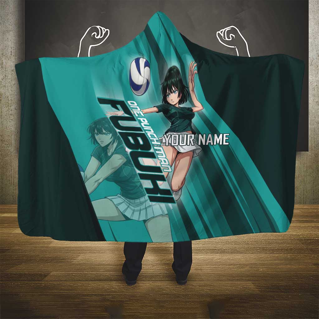 Personalized Fubuki Volleyball Design Hooded Blanket with Teal Athletic Theme and Dynamic Action Pose