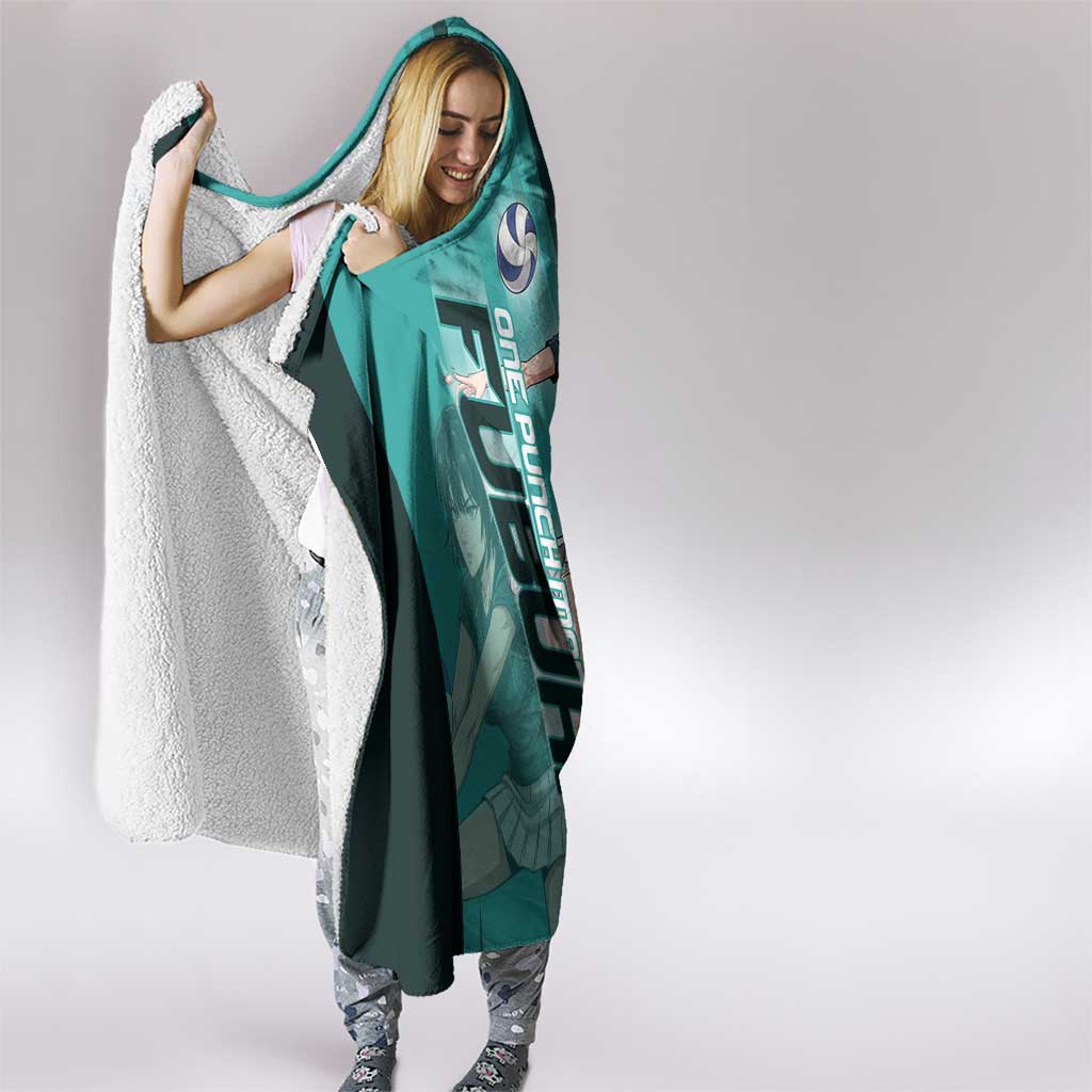 Personalized Fubuki Volleyball Design Hooded Blanket with Teal Athletic Theme and Dynamic Action Pose