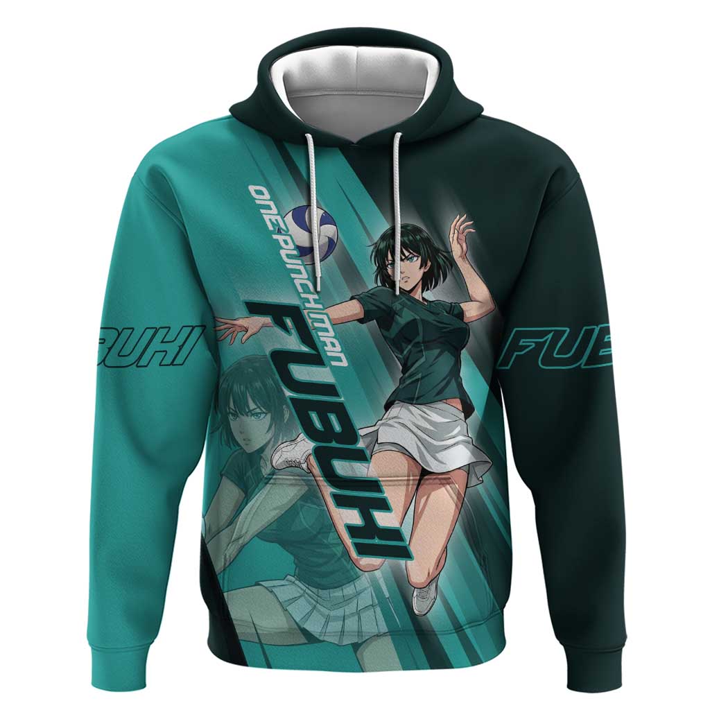 Personalized Fubuki Volleyball Design Hoodie with Teal Athletic Theme and Dynamic Action Pose