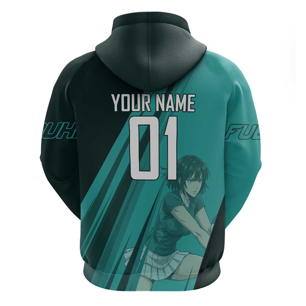 Personalized Fubuki Volleyball Design Hoodie with Teal Athletic Theme and Dynamic Action Pose