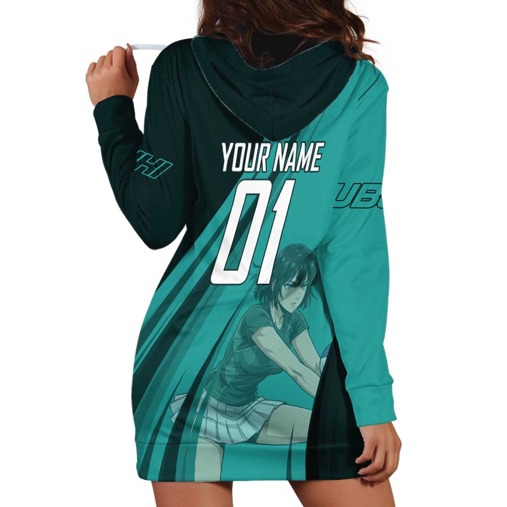 Personalized Fubuki Volleyball Design Hoodie Dress with Teal Athletic Theme and Dynamic Action Pose