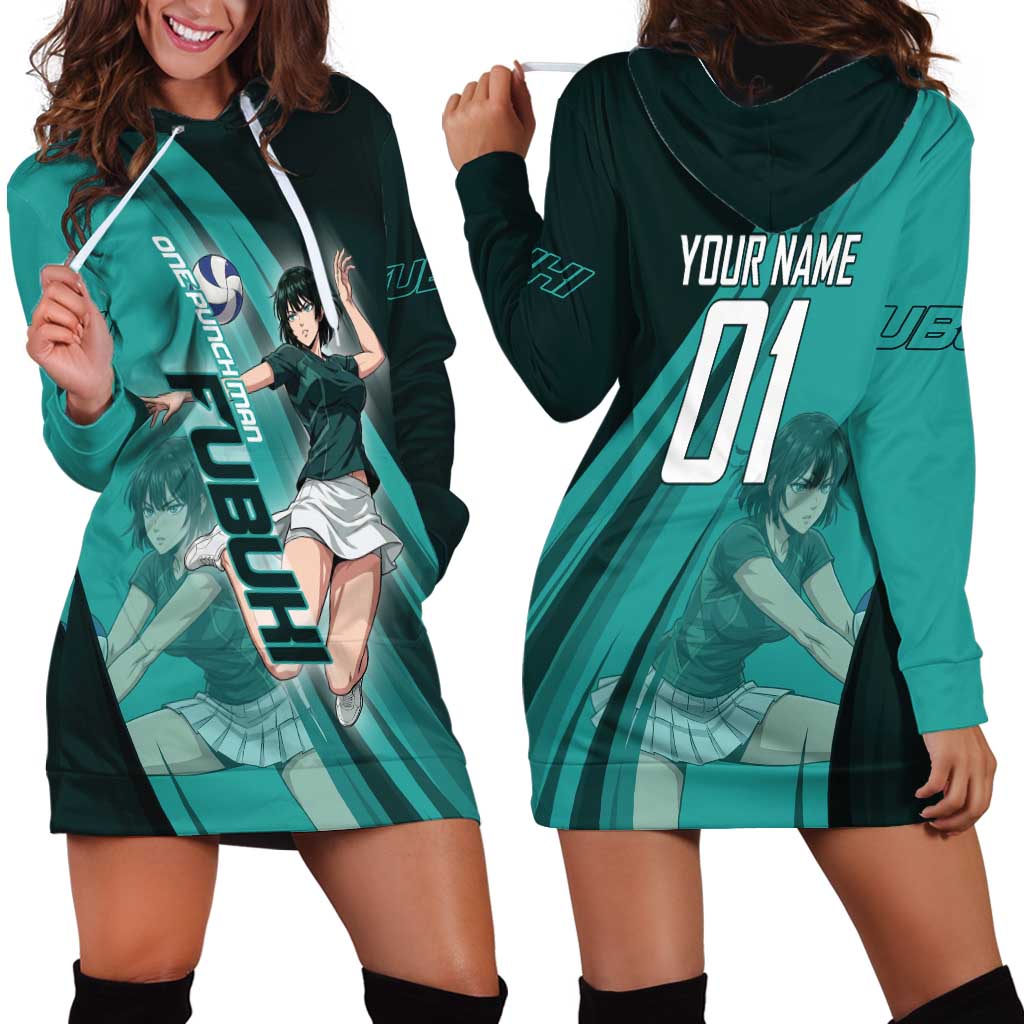 Personalized Fubuki Volleyball Design Hoodie Dress with Teal Athletic Theme and Dynamic Action Pose