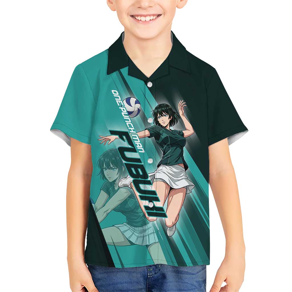 Personalized Fubuki Volleyball Design Kid Hawaiian Shirt with Teal Athletic Theme and Dynamic Action Pose