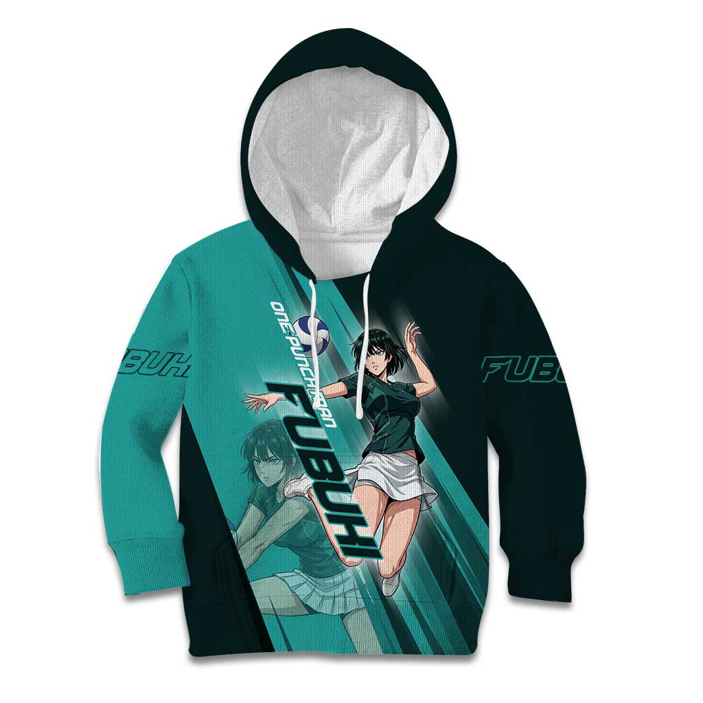 Personalized Fubuki Volleyball Design Kid Hoodie with Teal Athletic Theme and Dynamic Action Pose
