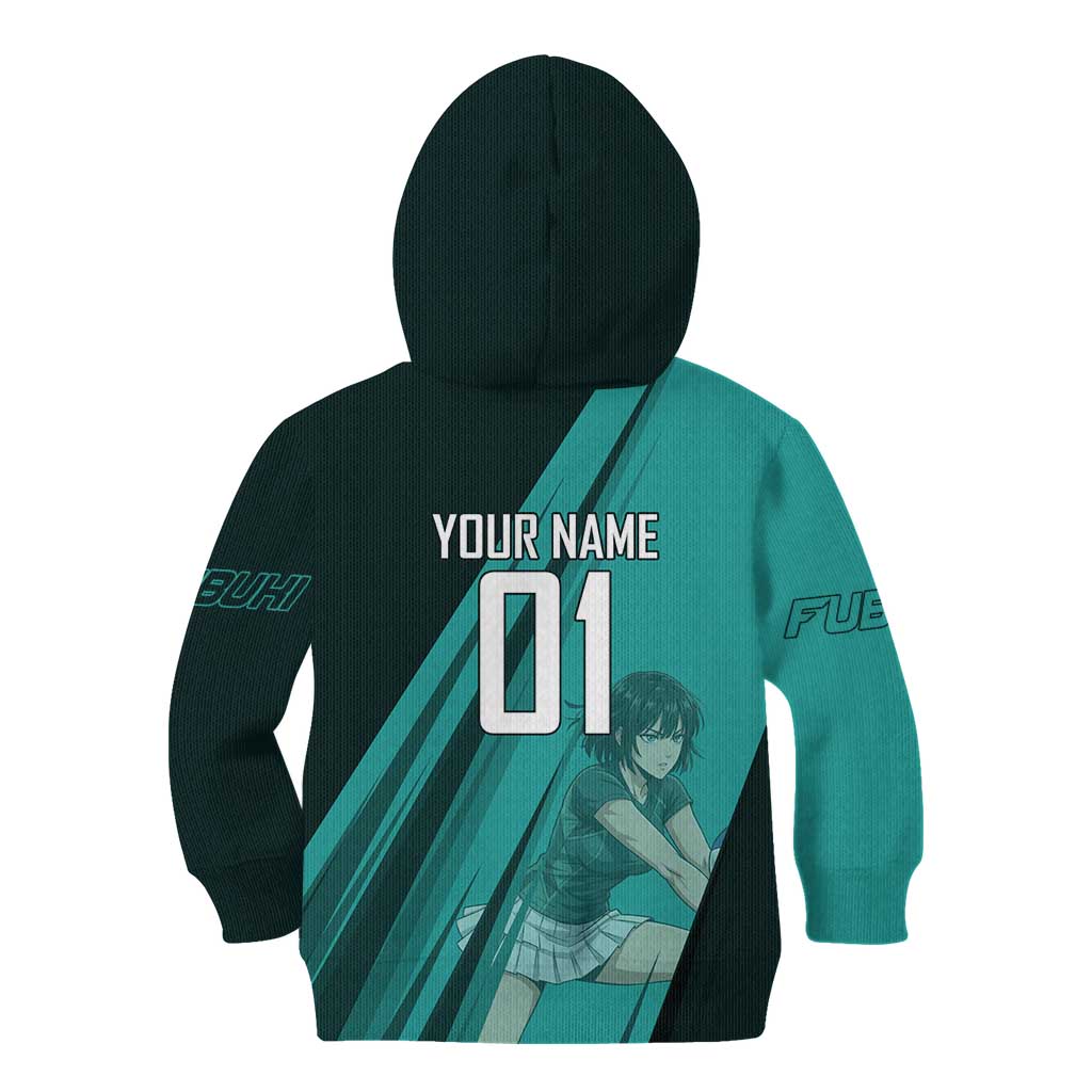Personalized Fubuki Volleyball Design Kid Hoodie with Teal Athletic Theme and Dynamic Action Pose