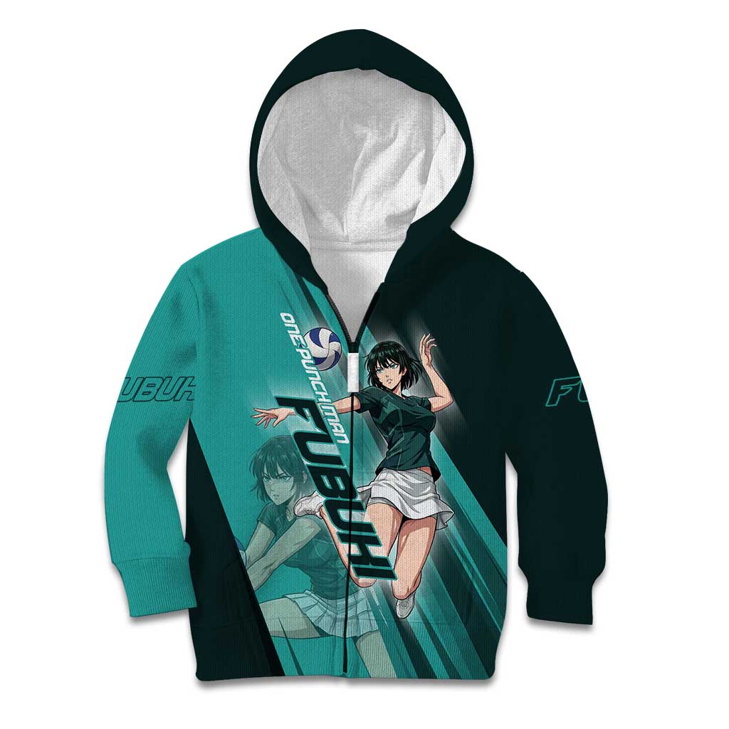 Personalized Fubuki Volleyball Design Kid Hoodie with Teal Athletic Theme and Dynamic Action Pose
