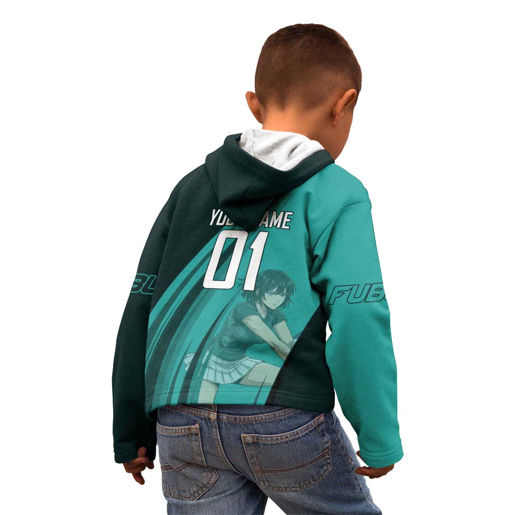 Personalized Fubuki Volleyball Design Kid Hoodie with Teal Athletic Theme and Dynamic Action Pose