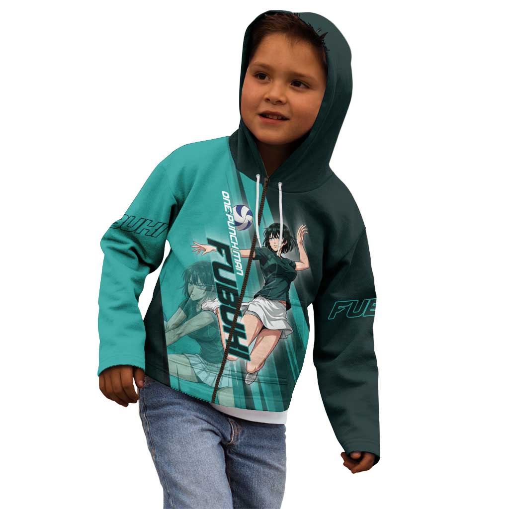Personalized Fubuki Volleyball Design Kid Hoodie with Teal Athletic Theme and Dynamic Action Pose