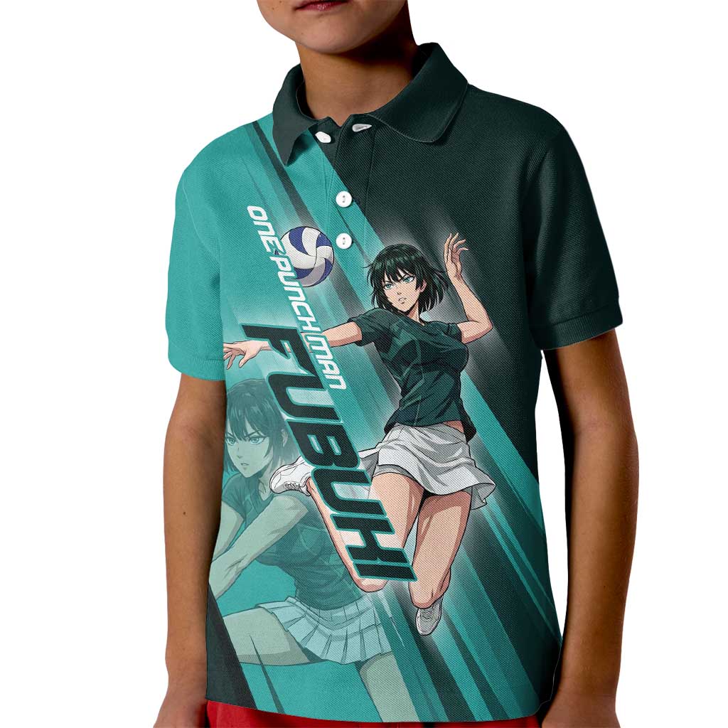 Personalized Fubuki Volleyball Design Kid Polo Shirt with Teal Athletic Theme and Dynamic Action Pose