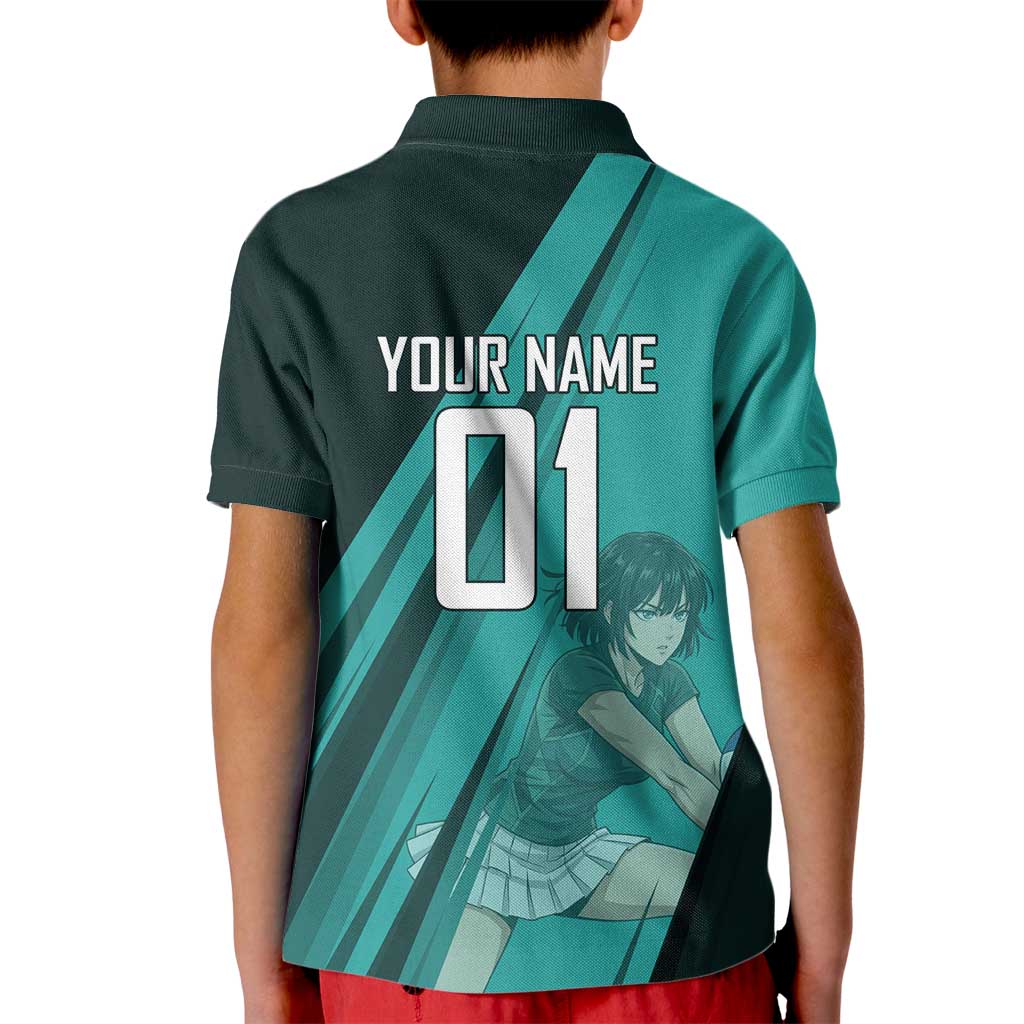 Personalized Fubuki Volleyball Design Kid Polo Shirt with Teal Athletic Theme and Dynamic Action Pose