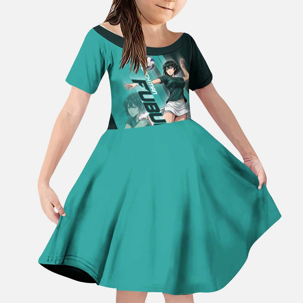 Personalized Fubuki Volleyball Design Kid Short Sleeve Dress with Teal Athletic Theme and Dynamic Action Pose