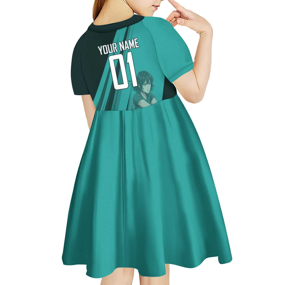 Personalized Fubuki Volleyball Design Kid Short Sleeve Dress with Teal Athletic Theme and Dynamic Action Pose