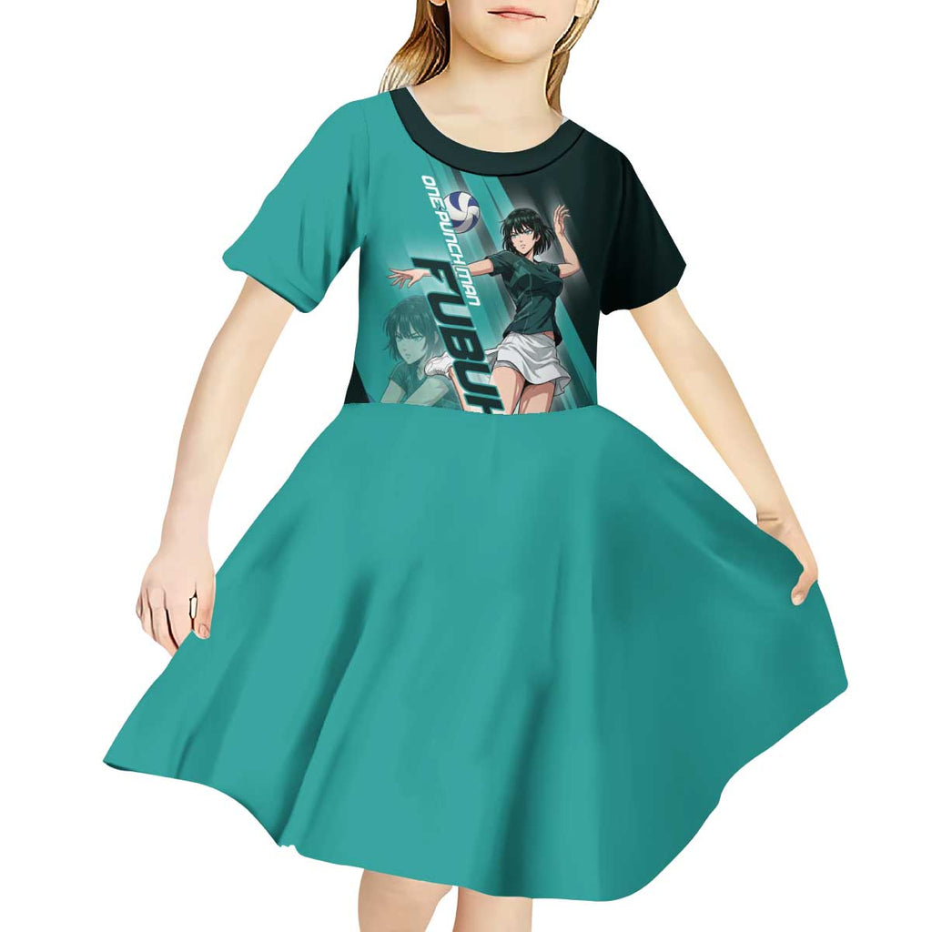Personalized Fubuki Volleyball Design Kid Short Sleeve Dress with Teal Athletic Theme and Dynamic Action Pose