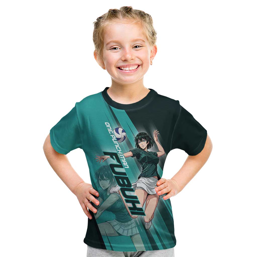 Personalized Fubuki Volleyball Design Kid T Shirt with Teal Athletic Theme and Dynamic Action Pose