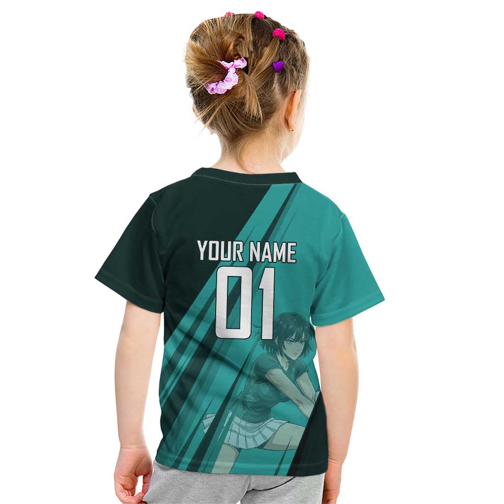 Personalized Fubuki Volleyball Design Kid T Shirt with Teal Athletic Theme and Dynamic Action Pose