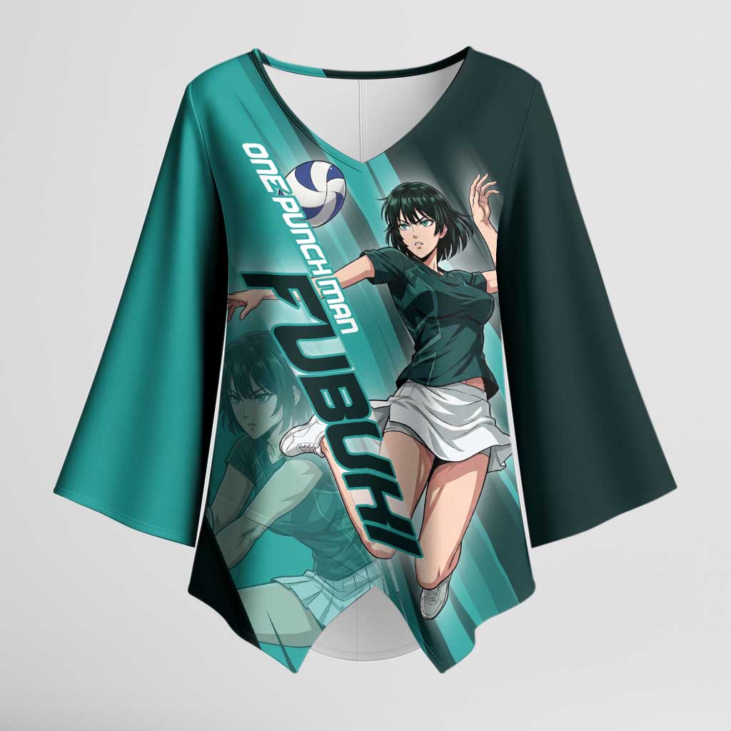 Personalized Fubuki Volleyball Design Kimono Sleeve Blouse with Teal Athletic Theme and Dynamic Action Pose