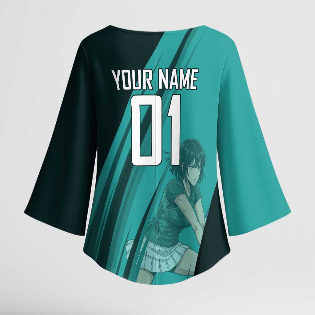 Personalized Fubuki Volleyball Design Kimono Sleeve Blouse with Teal Athletic Theme and Dynamic Action Pose
