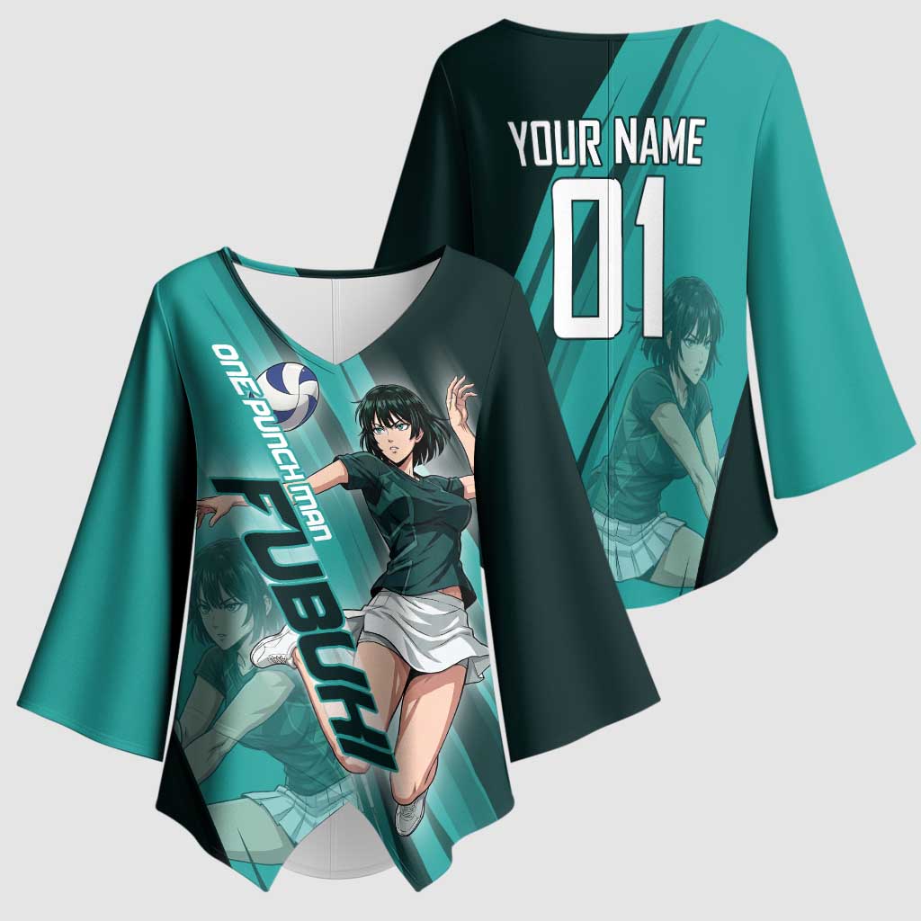 Personalized Fubuki Volleyball Design Kimono Sleeve Blouse with Teal Athletic Theme and Dynamic Action Pose