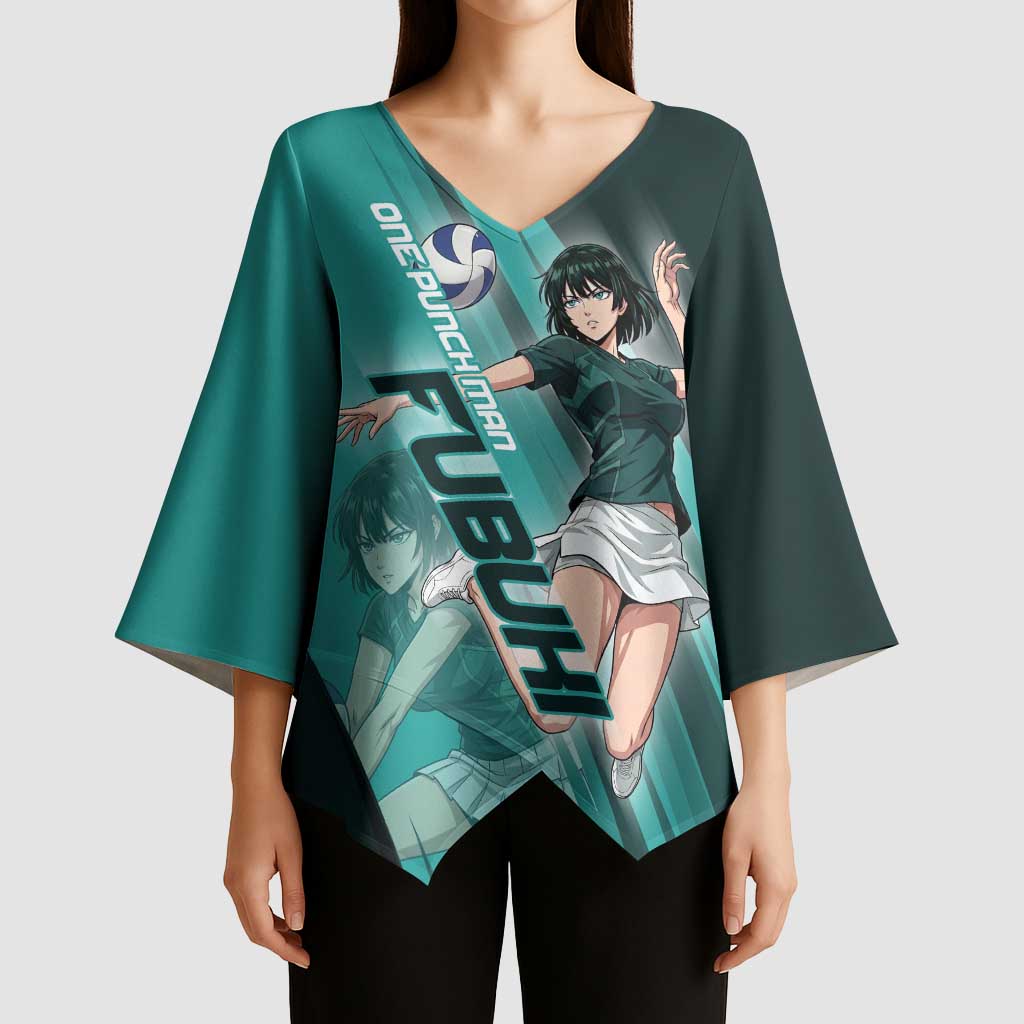Personalized Fubuki Volleyball Design Kimono Sleeve Blouse with Teal Athletic Theme and Dynamic Action Pose