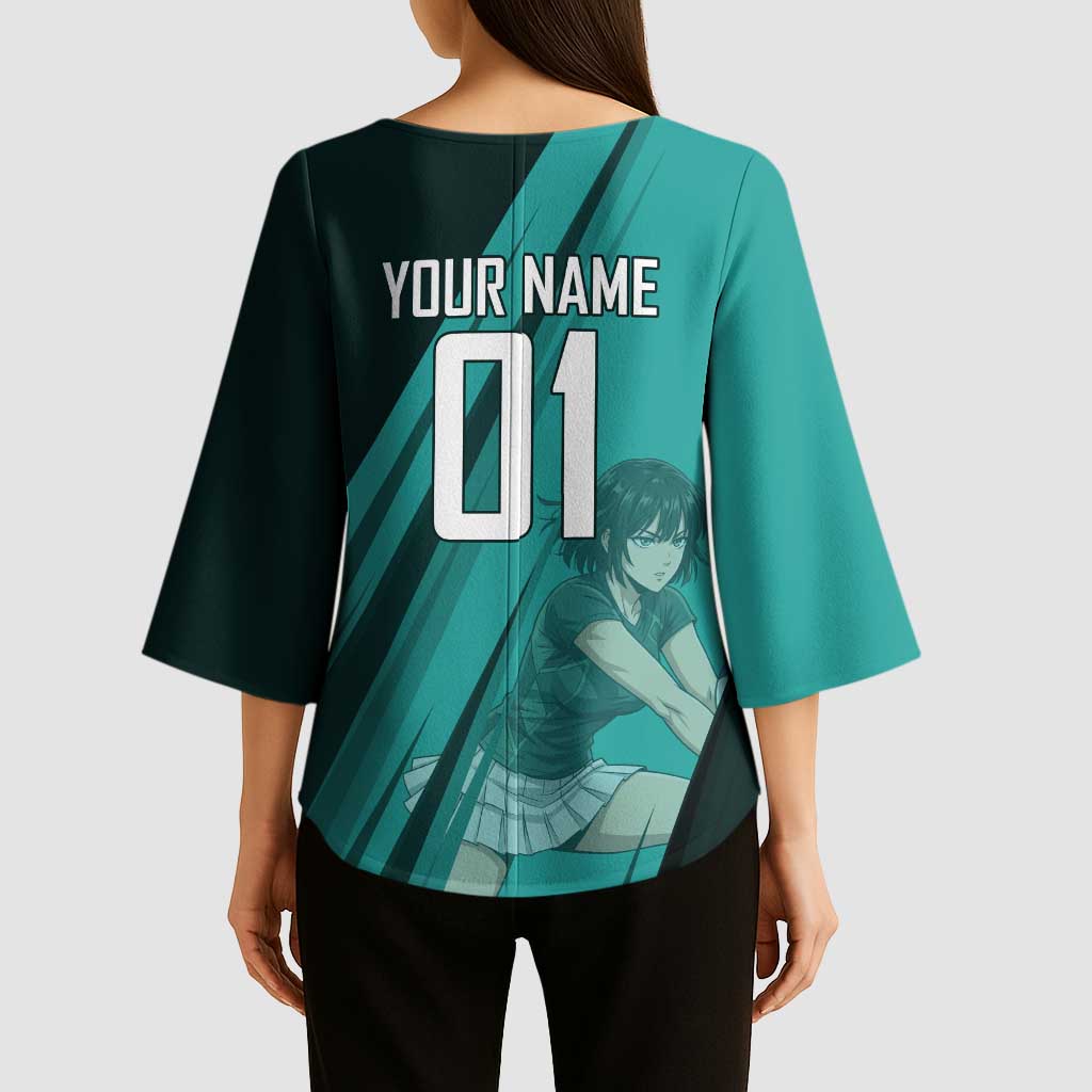 Personalized Fubuki Volleyball Design Kimono Sleeve Blouse with Teal Athletic Theme and Dynamic Action Pose