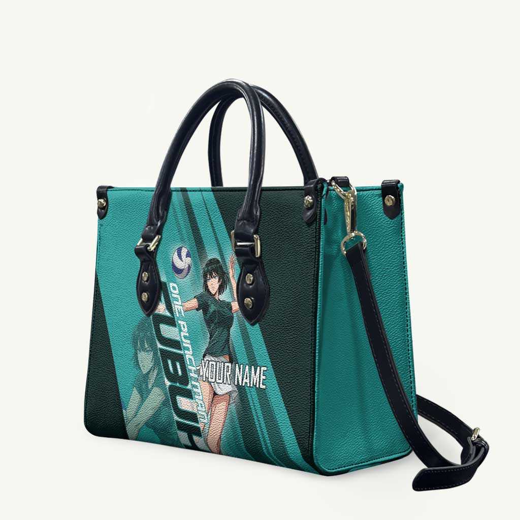 Personalized Fubuki Volleyball Design Leather Bag with Teal Athletic Theme and Dynamic Action Pose
