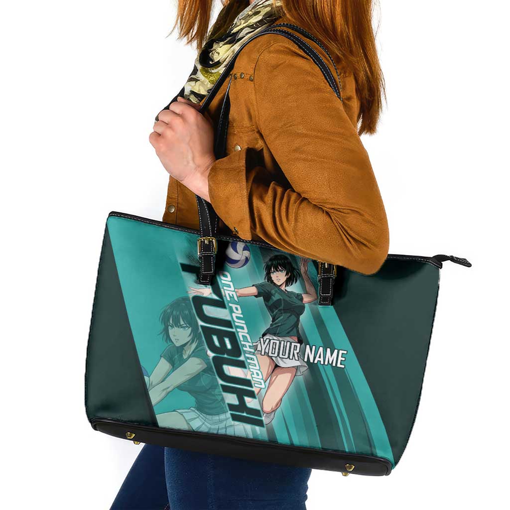 Personalized Fubuki Volleyball Design Leather Tote Bag with Teal Athletic Theme and Dynamic Action Pose