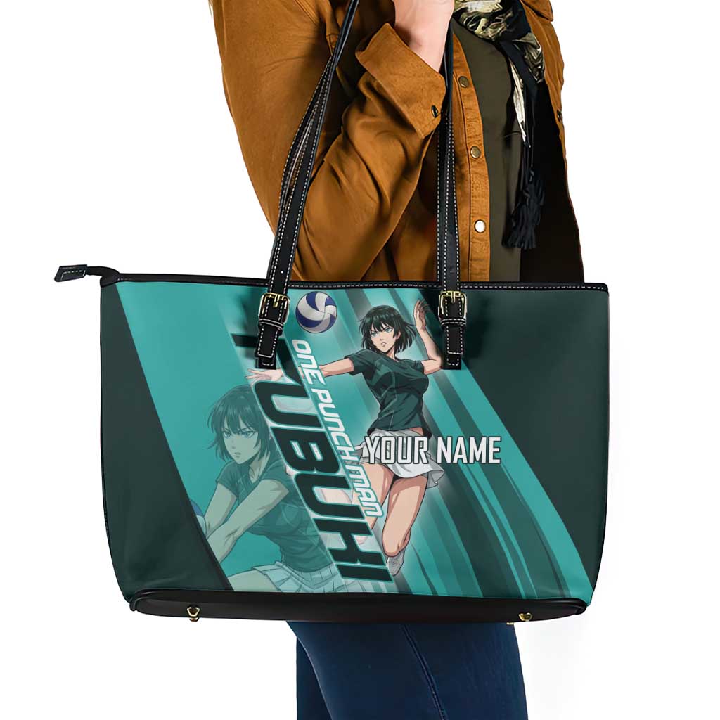 Personalized Fubuki Volleyball Design Leather Tote Bag with Teal Athletic Theme and Dynamic Action Pose