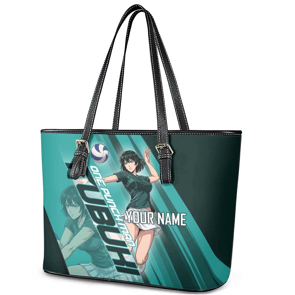 Personalized Fubuki Volleyball Design Leather Tote Bag with Teal Athletic Theme and Dynamic Action Pose