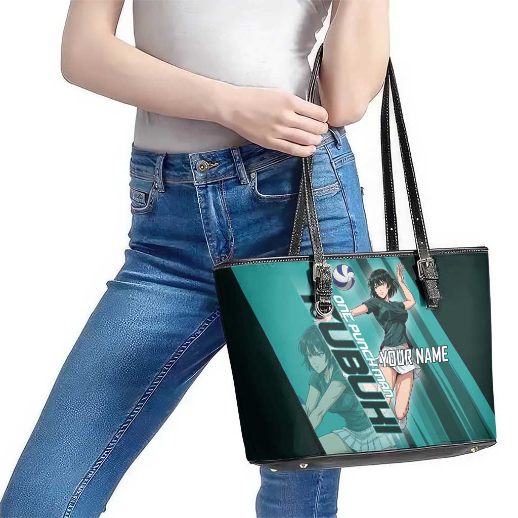 Personalized Fubuki Volleyball Design Leather Tote Bag with Teal Athletic Theme and Dynamic Action Pose