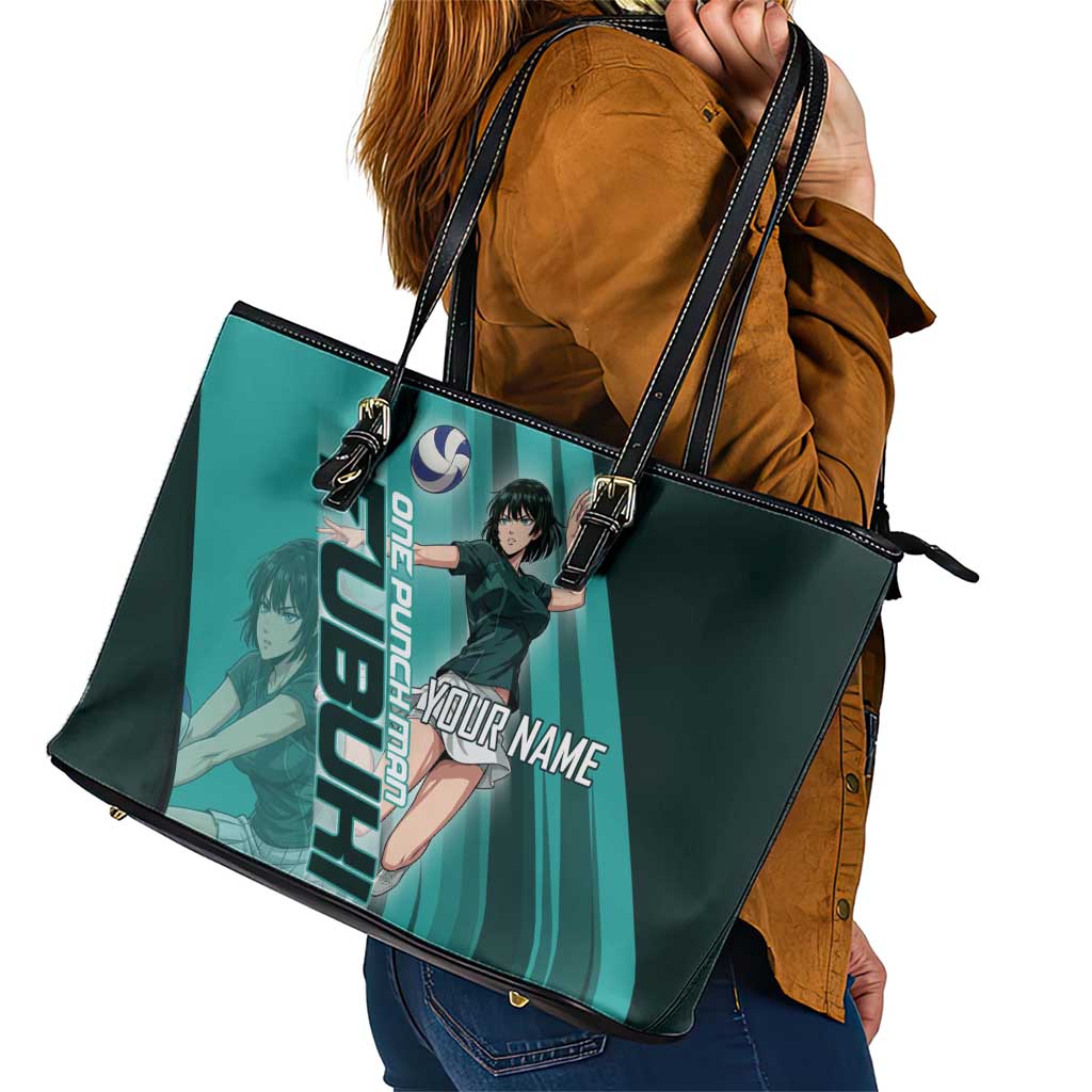 Personalized Fubuki Volleyball Design Leather Tote Bag with Teal Athletic Theme and Dynamic Action Pose